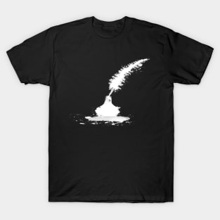 Abstract White Ink Splash Peacock Feather Quill With Vintage Ink Well T-Shirt